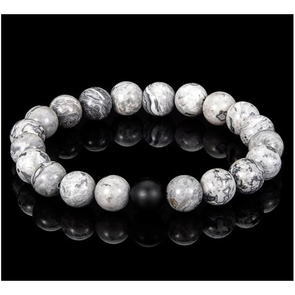 10mm Polished Grey Map Jasper Matte Onyx Natural Stone Bead Stretch Bracelet